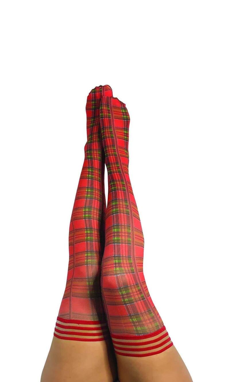 7878 Grace: Red Plaid Thigh Highs. Petite to Plus Size